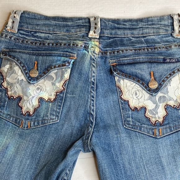 Revolt Jeans Blue Washed Denim Embellished Pockets and Trim Jeans - Picture 7 of 13
